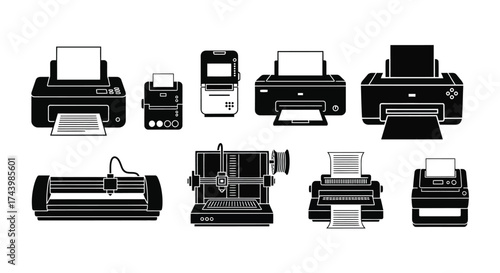 Diverse collection of printing machines including modern and retro devices vector