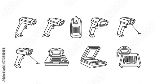 Collection of barcode scanners and pos equipment hand-drawn style for retail and logistics vector