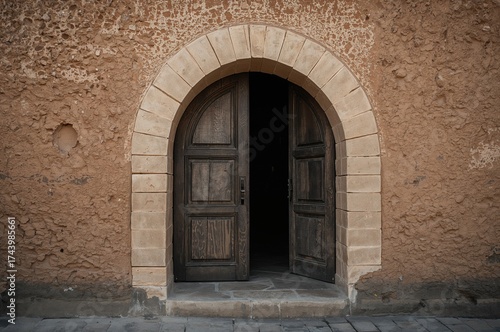 Wallpaper Mural Close-up of an old, dark wooden church entrance with a person in traditional attire holding a staff, symbolizing a religious narrative. Torontodigital.ca