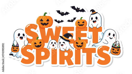 Sweet Spirits: A delightful collection of whimsical cartoon characters, including smiling ghosts, grinning pumpkins, and a fluttering of bats, celebrate the sweetness of the Halloween spirit.