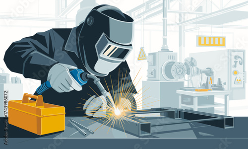 Skilled welder creating metal structure with sparks in modern industrial factory setting illustration
