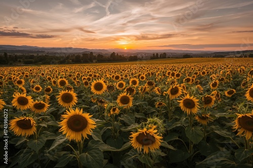 Sunset Over a Vast Sunflowe...