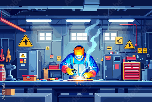 Skilled welder expertly crafting metal with precision in workshop wearing protective gear for safety first