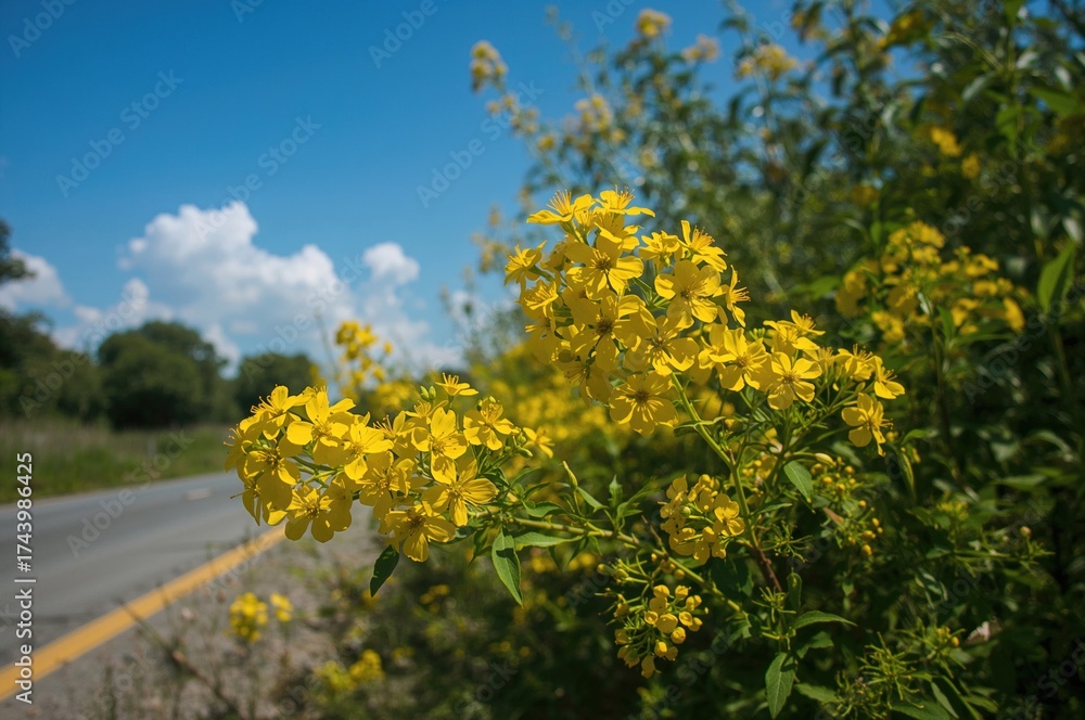 Fototapeta premium Tiny yellow flowers growing beside the road