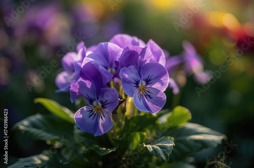 Close-up of a garden showcasing vibrant purple pansies in full bloom