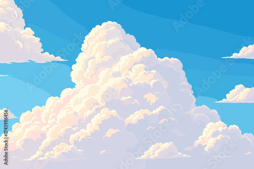 Dreamy fluffy clouds drift serenely across a clear blue summer sky offering feelings of peace and hope