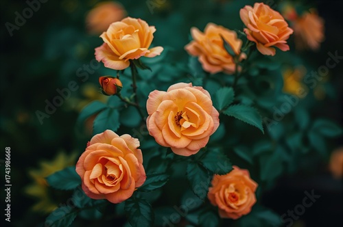 A cluster of vibrant orange-yellow roses set against a natural garden backdrop, showcasing summer blossoms and spring foliage, symbolizing love and a perfect gift.