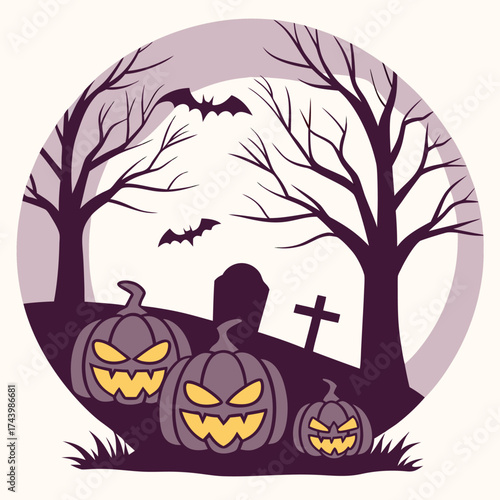 Bats fly above grinning pumpkins beside tombstones and bare trees within oval shape