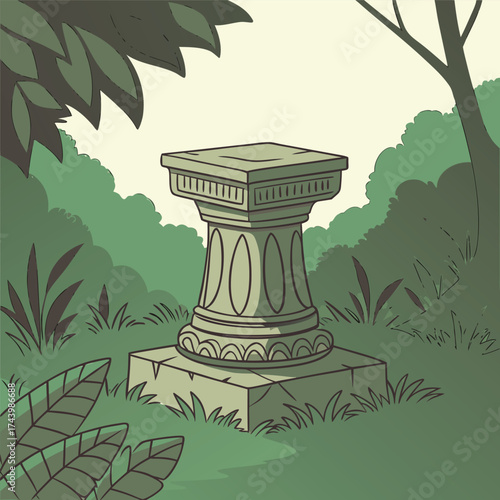 Cartoon stone pedestal stands gracefully amidst green foliage within the serene park scene