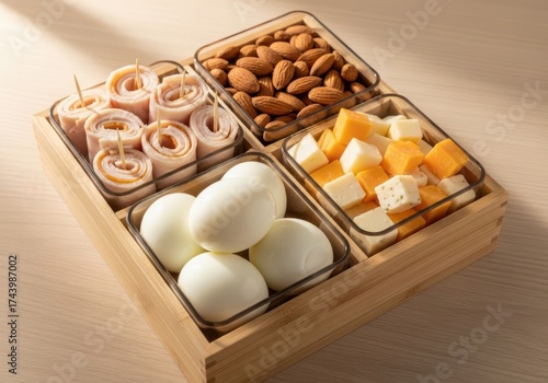 Wallpaper Mural A wooden tray filled with a variety of snacks including rolled deli meat, hardboiled eggs, almonds, and cheese cubes, perfect for a party platter Torontodigital.ca
