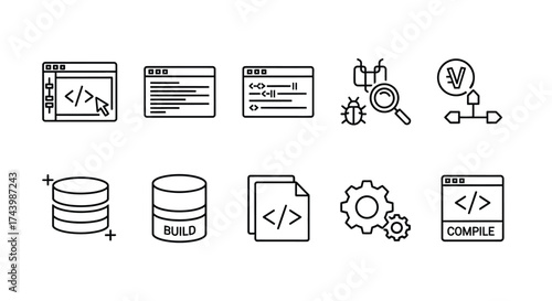 Collection of modern thin line icons representing programming coding and database concepts on vector