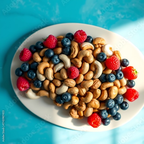 Healthy brain food concept: Cashews and berries arranged into a brain shape on a blue background
