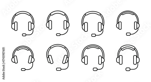 Eight varied retro 8-bit style headset icons with microphones for gaming and communication vector