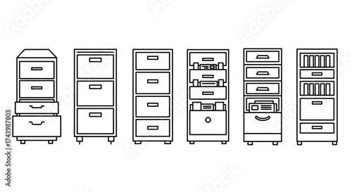 Collection of five different drawer unit cabinet designs architectural sketch style furniture vector