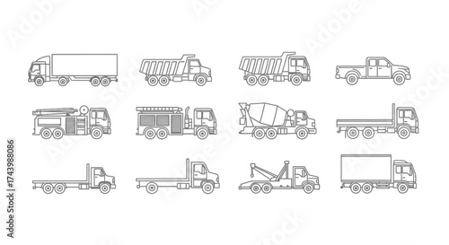 Collection of diverse truck silhouettes for logistics and transportation designs vector