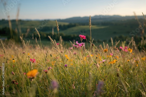 Fototapeta Naklejka Na Ścianę i Meble -  Wildflowers blooming in a sunny meadow during a warm afternoon, showcasing nature's beauty and vibrant leaves under soft sunlight