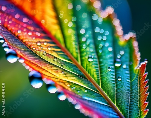macro shot of a cannabis leaf with morning dew reflecting a rainbow nature s spectrum ai generated