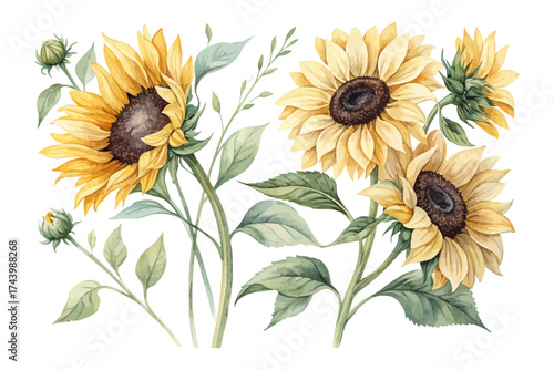 Sunflower Watercolor Clipart Set for Summer Prints Isolated on White background
