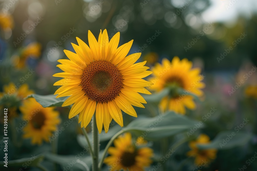 Naklejka premium Close-up of radiant sunflower flourishing in a lively garden setting
