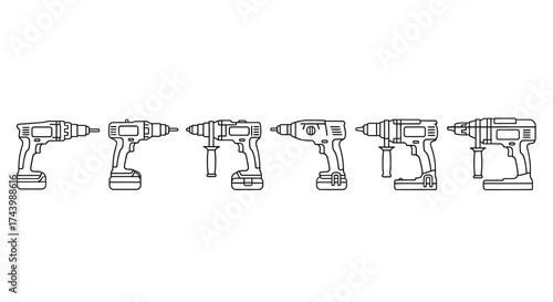 Collection of six different cordless power drills in a line on a vector