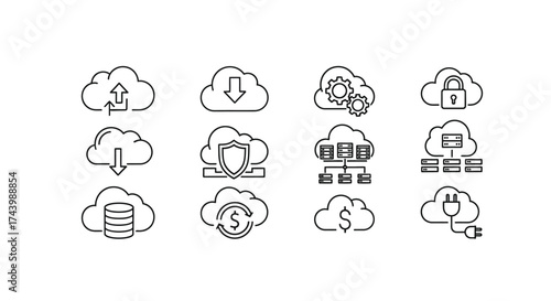 Cloud computing icons set representing data storage security networking and upload download concepts vector