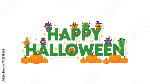 Happy Halloween: Festive greeting with spooky monsters, pumpkins, and whimsical stars, setting a cheerful mood for the autumn season.