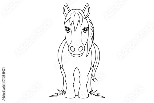 A cartoon horse with large eyes stands a patch grass animal mammal