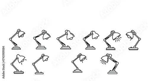Animated desk lamp sequence showing multiple poses and movements for motion graphics vector