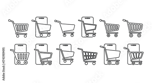 Sketchy shopping carts and online purchase icons representing e-commerce and retail vector
