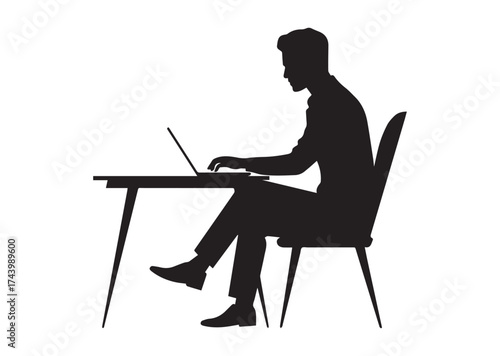 Man in chair at table with laptop Vector Design