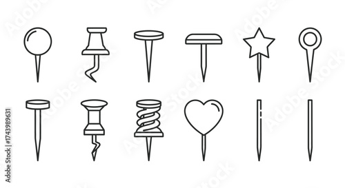 Diverse collection of hand-drawn pushpins and drawing pins in various shapes and styles vector