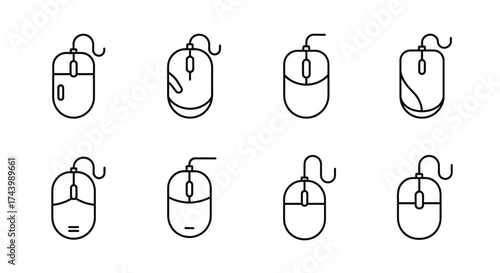 Collection of eight hand-drawn computer mouse icons offering diverse design options vector
