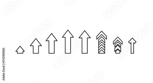 Collection of upward pointing arrows in various styles and sizes progressing growth and direction vector