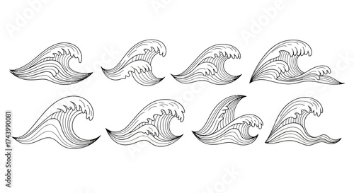 Collection of hand-drawn wave illustrations showing different stages of motion and form vector
