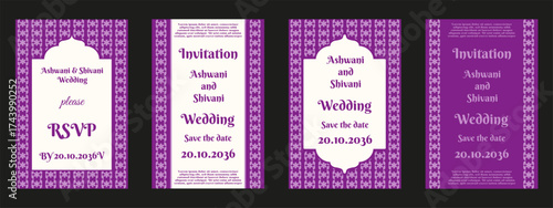 Wedding Invitation card collection. Vector illustration of indian floral Mughal frame Wedding Invitation poster with typography. Wedding flyer in indian style. EPS 10