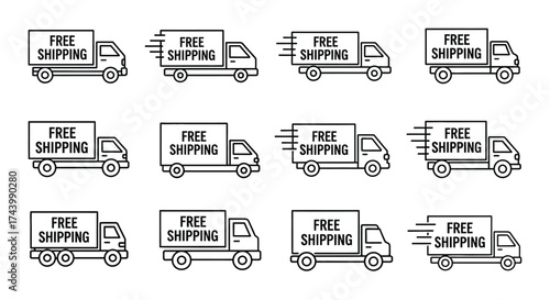 Set of twelve hand drawn outline trucks delivering free shipping services with motion lines vector