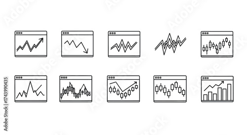 Collection of stock market charts and financial graphs showing growth and decline trends vector