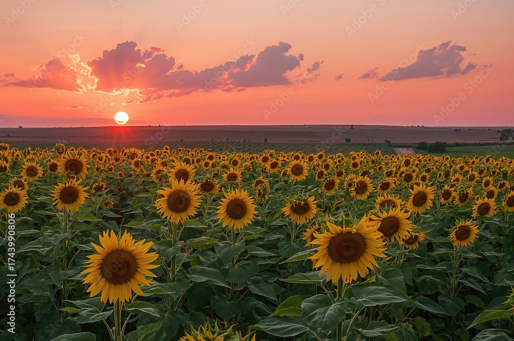Fototapeta premium Golden sunflower meadow glowing under the evening sky