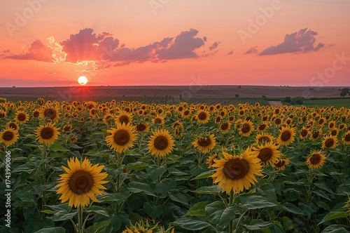 Fototapeta Naklejka Na Ścianę i Meble -  Golden sunflower meadow glowing under the evening sky