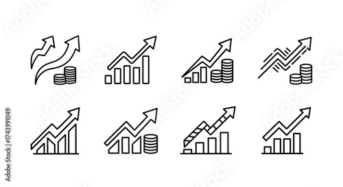 Hand drawn growth chart icons showing upward trends with stacked coins for financial success vector