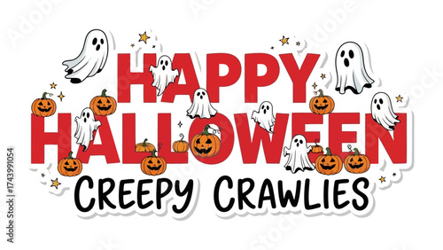 Happy Halloween Greeting: Festive text art featuring ghosts and carved pumpkins conveys the joy and thrill of the spooky season.
