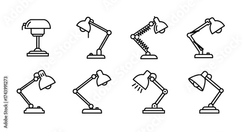 Collection of classic and modern desk lamps in various adjustable positions line art vector