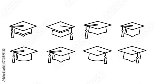 Collection of eight graduation caps in a sketch style for educational achievement and academic success vector