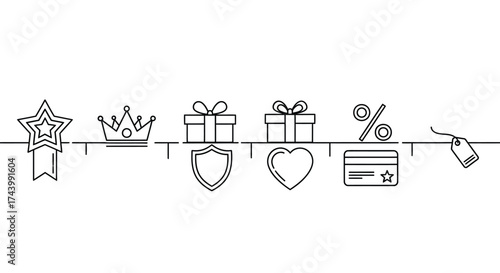 Continuous line drawing of loyalty rewards shopping icons including star badge crown gift percentage shield heart card tag vector