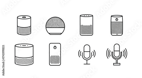 Collection of smart speaker and microphone icons representing voice assistant technology and smart home devices vector