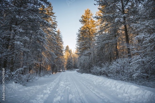 Winter forest trail lined w...