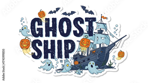 Haunted Seas: A spooky illustration depicting a ghost ship sailing through the eerie night, with pumpkins, bats, and ghostly apparitions adding to the Halloween ambiance.