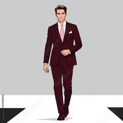 Elegant Man in Burgundy Suit on Fashion Runway. Stylish Male Model Showcasing Formal Wear. Vector Illustration of Modern Attire.
