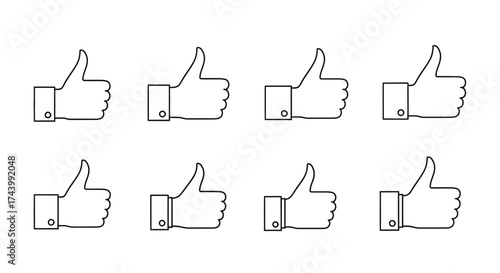 Eight simplified thumbs up gestures hand drawn style social media approval likes communication icon set vector