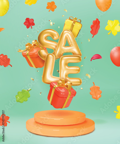 Autumn sale podium with gold balloon 3d foil letters sale, gift boxes and falling leaves. Fall sale advertising banner. Thanksgiving or seasonal marketing materials. Vector illustration. 3D design.
